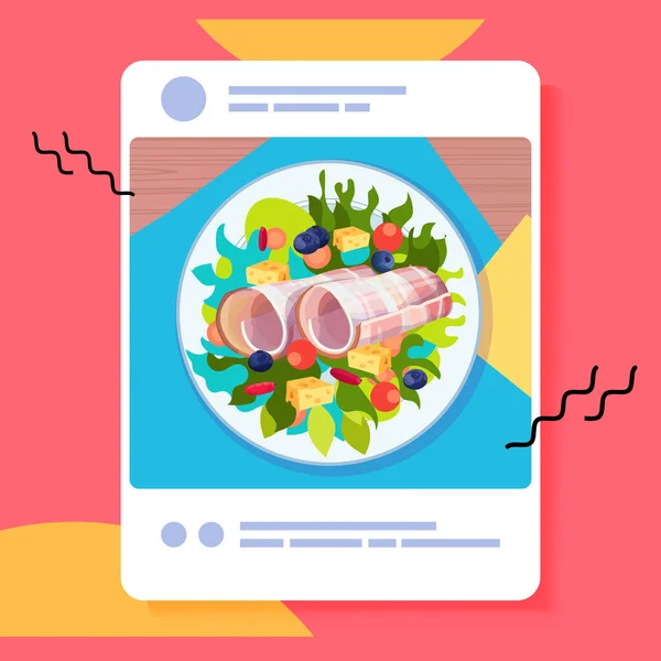 Appetitosa foto di insalata fresca sullo schermo dello smartphone cibo blogging social media blog post food hunter review — Vettoriale Stock