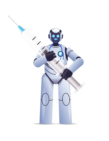 Modern robot doctor holding syringe vaccination medicine healthcare artificial intelligence concept — Stock Vector
