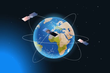 Uzay keşfi astronotluk teknolojisi konsepti. Uydu gözlemleme uydusu Dünya 'nın etrafında yörüngesel uzay yolculuğu yapıyor.