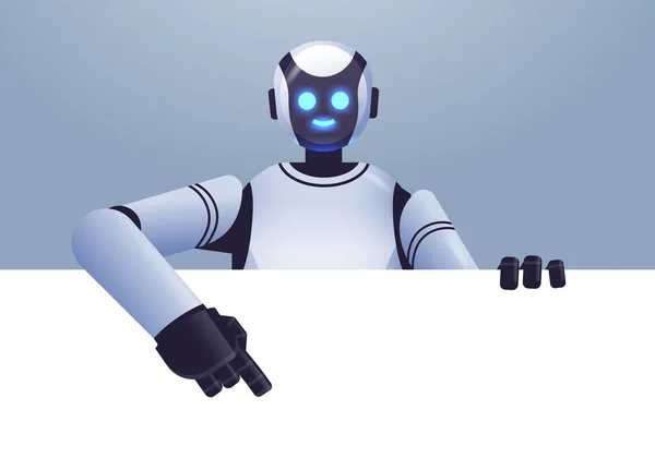 Χαριτωμένο ρομπότ cyborg δείχνει κενό λευκό πίνακα σύγχρονη ρομποτική χαρακτήρα τεχνολογία τεχνητής νοημοσύνης — Διανυσματικό Αρχείο