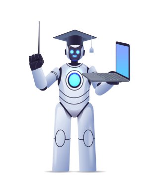 Mezuniyet şapkalı modern robot öğretmen dizüstü bilgisayarla çevrimiçi eğitim yapay zeka kavramı