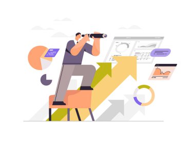 İş adamı dürbün iş görüşü üzerinden bakıyor başarılı strateji yön kavramı yatay çizgi film