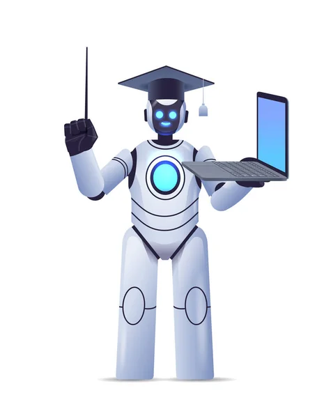 Moderne robot leraar in afstuderen cap houden laptop online onderwijs kunstmatige intelligentie concept — Stockvector