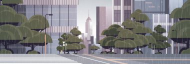 Yaya geçidi şehir binaları ile boş sokak yolu yağmuru modern mimari şehir manzarası arkaplanı