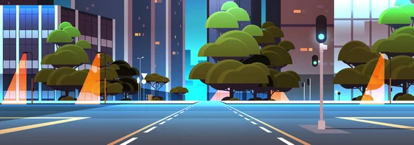 Calle vacía noche carretera con cruce de caminos y semáforos edificios de la ciudad skyline arquitectura moderna paisaje urbano fondo — Vector de stock