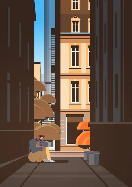 忧心忡忡的人消沉的人坐在街上靠近建筑物的地方孤独寂寞抑郁症问题精神健康疾病 — 图库矢量图片