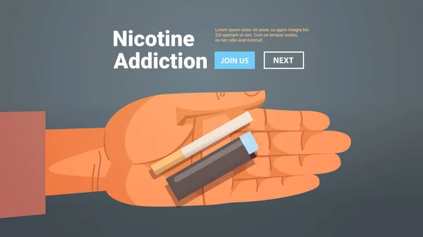 Mänsklig hand håller cigarett och gas lättare dåliga vanor ohälsosam livsstil nikotinberoende koncept — Stock vektor