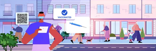 Vaccinés marchant en plein air hommes femmes après injection de vaccin succès covid-19 concept de vaccination — Image vectorielle