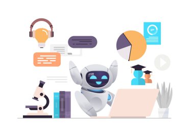 Robot, iş yerinde dizüstü bilgisayarlı sosyal medya ağını kullanarak oturuyor. Çevrimiçi iletişim yapay zekası.