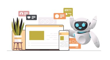 robot using computer and mobile chatting apps online communication social media network artificial intelligence