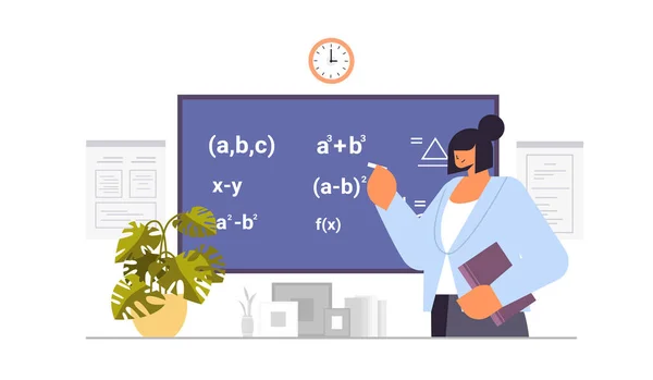 Kobieta nauczyciel rozwiązywanie problemu matematycznego na tablicy cyfrowej podczas lekcji koncepcja szkoły wnętrze klasy — Wektor stockowy