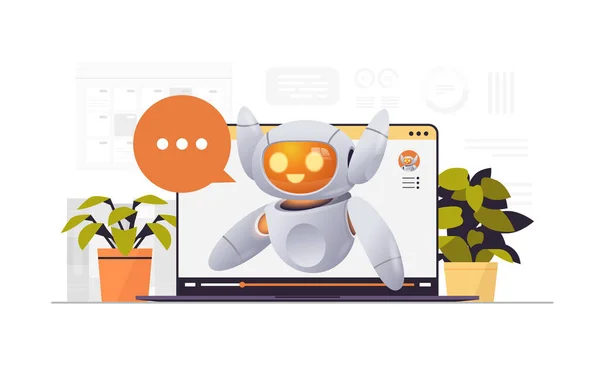 Χαριτωμένο ρομπότ cyborg με φούσκα συνομιλίας στην οθόνη laptop σύγχρονη ρομποτική τεχνολογία τεχνητής νοημοσύνης χαρακτήρα — Διανυσματικό Αρχείο