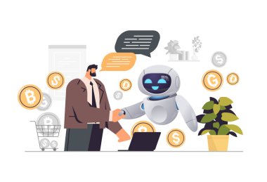 İş adamı ve robot el sıkışıyor iş ortakları el sıkışma ortaklığı yapay zeka teknolojisi