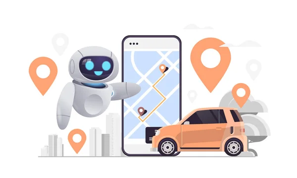 Robot rendelés autó mobil alkalmazás szállítás carsharing szolgáltatás carpooling mesterséges intelligencia — Stock Vector