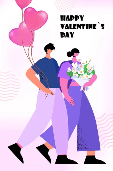 Amoroso casal celebrando feliz dia dos namorados homem mulher no amor de pé junto com flores e balões de ar rosa —  Vetores de Stock
