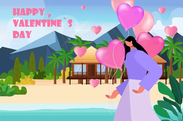 Mujer feliz con globos de aire rosa en la playa tropical chica enamorada celebrando feliz día de San Valentín — Vector de stock