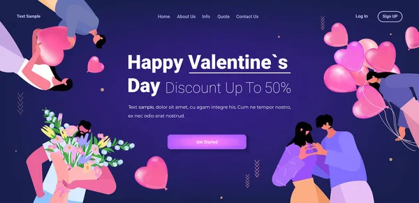 Loving people celebrating happy valentines day men women in love with flowers and pink air balloons — стоковый вектор