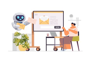 Robot yardımcısı olan iş kadını e-posta kutusu mesajı gönderme veya alma Yapay Zeka bildirimi