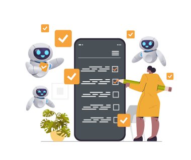 businesswoman with robots marking complete tasks on checklist in mobile app organization artificial intelligence