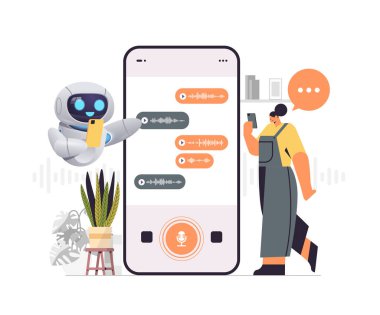 woman with chatbot robot recording or listening voice messages on smartphone screen audio record sending online communication