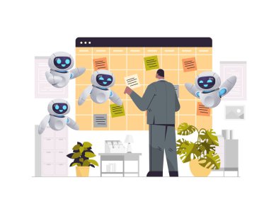 Robot asistanları olan iş adamları, randevu takvimi, toplantı zamanı yönetimi planlıyorlar.