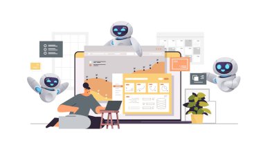 businesswoman with robots monitoring financial statistics data on laptop screen artificial intelligence technology concept