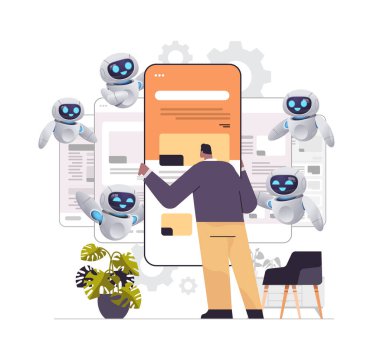 insan ve robot web geliştiricileri yazılım ve programlamanın akıllı telefon ekran gelişiminde program kodu oluşturuyorlar