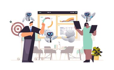 mix race businesspeople with robots presenting financial statistics charts graphs and diagrams at conference meeting