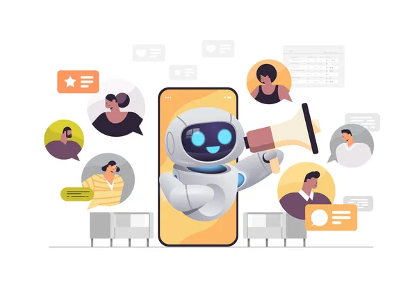 Chatbot используя громкоговоритель обсуждения с миксом гонки бизнесмены во время виртуальной конференции на экране смартфона — стоковый вектор