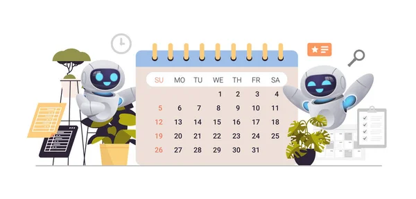 Robots que utilizan la planificación del calendario día de programación de citas gestión de tiempo inteligencia artificial — Archivo Imágenes Vectoriales