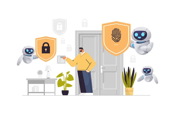 Mensch und Roboter berühren Fingerabdruck-Scanner zur Steuerung von Smart-Home-Geräten mit biometrischem Scannen Sicherheitszugangskontrolle — Stockvektor