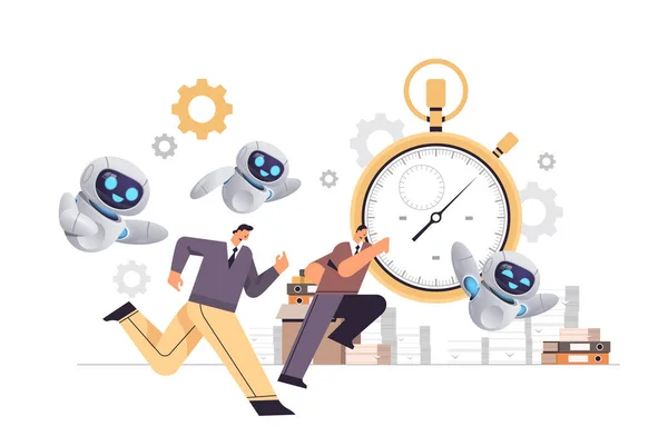 Hombres de negocios y robots sobrecargados de trabajo que funcionan en la oficina con prisa cronómetro en el trabajo plazo de gestión de tiempo — Archivo Imágenes Vectoriales