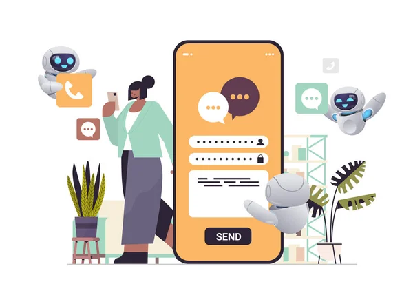Empresária com chatbots digitando mensagem no smartphone no aplicativo móvel comunicação on-line mídia social — Vetor de Stock