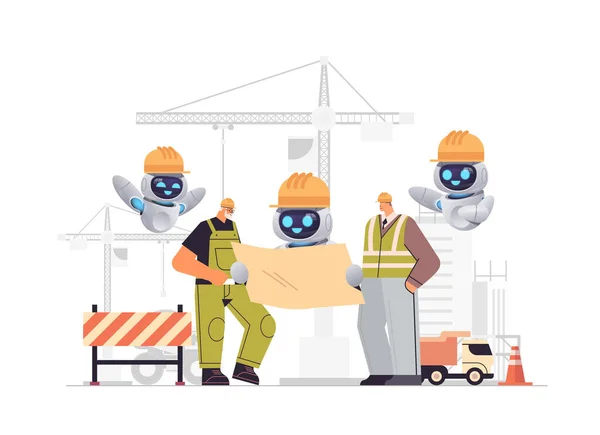Construction workers with robots holding blueprint industrial technicians builders group over city construction site —  Vetores de Stock