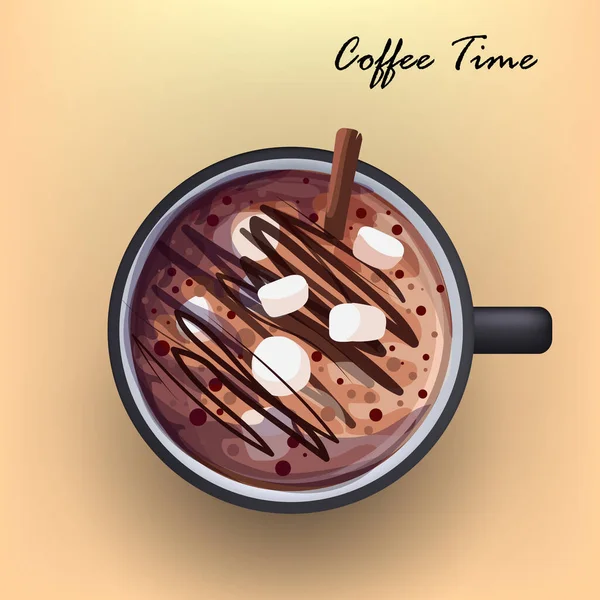 Realistic cappuccino with marshmallows hot americano drink coffee break concept —  Vetores de Stock