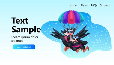 cute ostriches couple flying with parachutes happy birds having fun full length horizontal