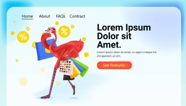 cute ostrich with purchases animal holding shopping bags holiday sale special discount concept