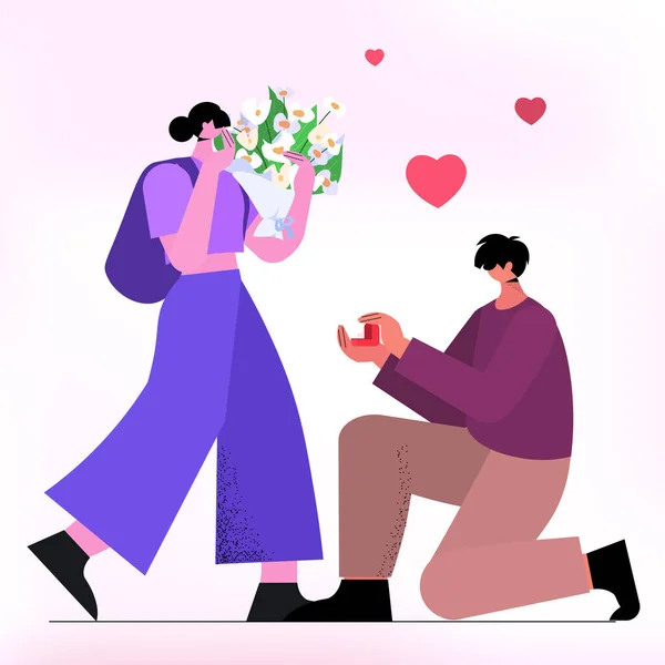 Man kneeling holding engagement ring proposing woman marry him happy valentines day concept full length vector illustration — Stock vektor
