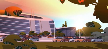 Gelecekteki şehir sıradışı şekiller binalar ve yeşil ağaçlar modern mimari şehir günbatımı şehir manzarası