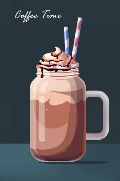 Realistická káva ve skleněném poháru horké latte nápoj káva čas koncept vertikální — Stockový vektor