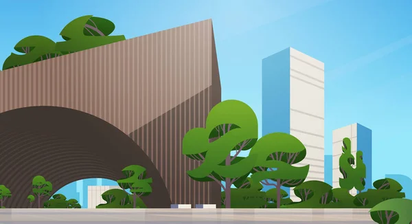 Gelecekteki şehir sıradışı yapılar binalar ve yeşil ağaçlar modern mimari şehir manzarası arka planı — Stok Vektör