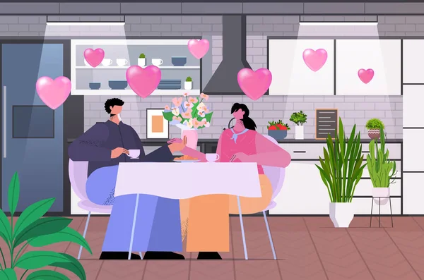 Amoroso casal celebrando feliz dia dos namorados homem mulher no amor beber café em casa — Vetor de Stock