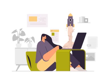 İş kadını dizüstü bilgisayarından roket fırlatıyor yaratıcı proje geliştirme şirketi kurma konsepti
