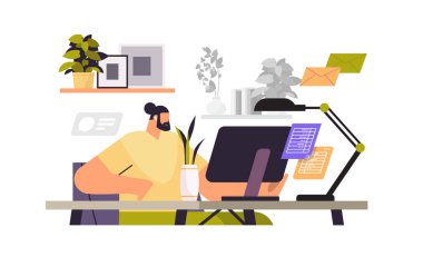 İş adamı işyerinde oturmuş bilgisayar monitörü çalışma süreci kavramına bakıyor.