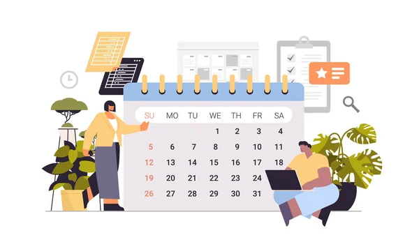 Empresarios que utilizan la planificación del calendario día de programación de la cita en la agenda plan de reuniones gestión del tiempo — Archivo Imágenes Vectoriales