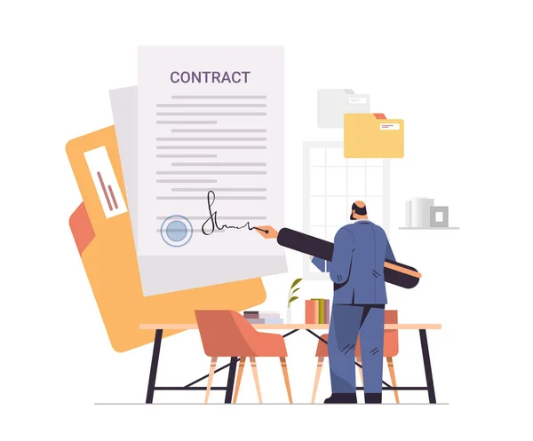 Kağıt belgeleriyle çalışan işadamı sözleşme imzası konseptini imzaladı — Stok Vektör