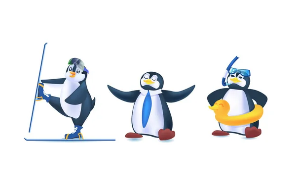 Bonito pinguins animais ícones conjunto antártico aves comprimento total horizontal —  Vetores de Stock