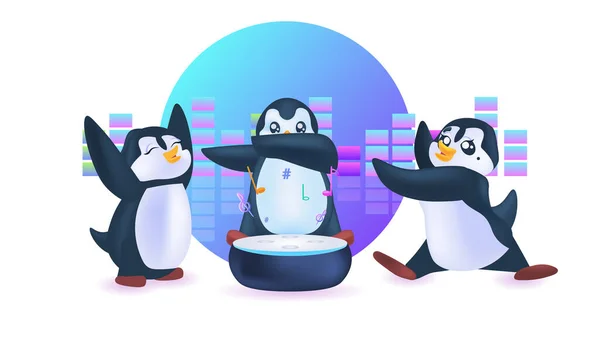 Słodkie pingwiny dysk dżokej antarktyczne ptaki dj muzyka strona koncepcja pełna długość poziome — Wektor stockowy