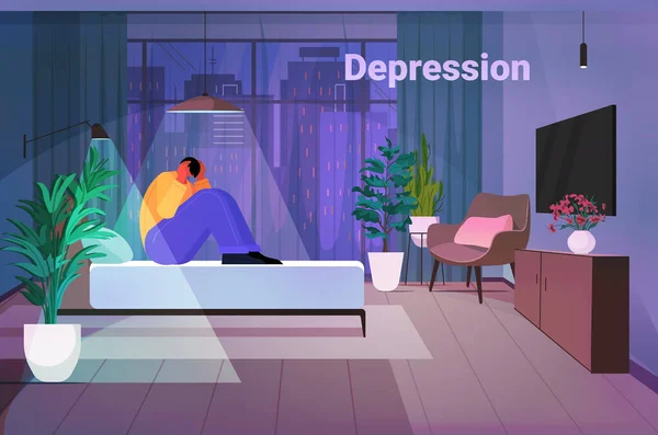 Cansado hombre deprimido sentado en la cama infeliz sensación desesperada enfermedades de salud mental concepto de depresión — Vector de stock