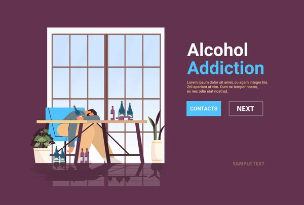 Homem triste bebedor alcoólico beber sozinho deprimido viciado bêbado cara tendo problema alcoolismo dependência de álcool — Vetor de Stock